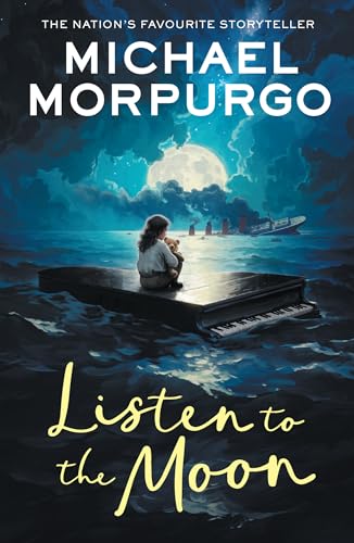 Book cover: girl with teddy bear on a piano under a moonlit sky.