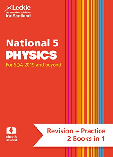 Red textbook cover with "National 5 Physics" title and colorful stripes.