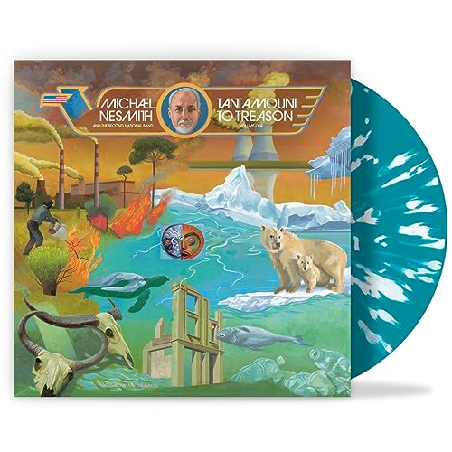 Surreal album art featuring a collage of animals, landscapes, and a teal marbled vinyl record.