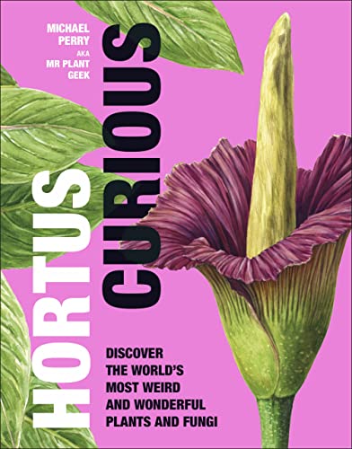 Book cover: "Hortus Curious" featuring a large purple flower and green leaves.