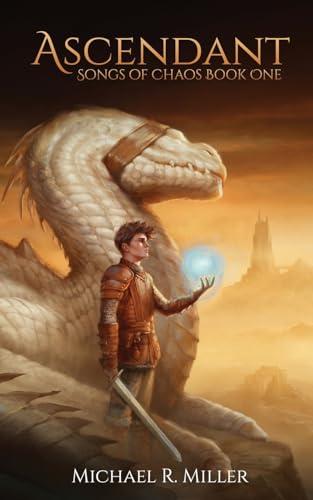 Book cover: young man and dragon with glowing orb, fantasy setting.