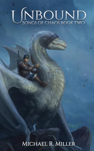 A rider sits on a large, pale, blindfolded dragon against a blue mountain background.