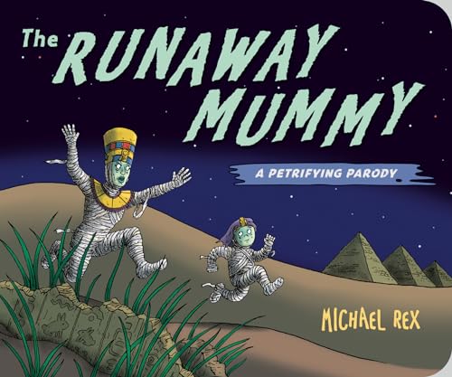Cartoon illustration of a running mummy and a smaller mummy near pyramids.