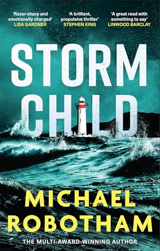 Book cover: "Storm Child" with a lighthouse amidst turbulent, dark blue waves.