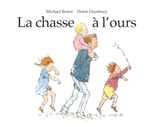 Book cover: father carrying child, three children running, illustrated style.