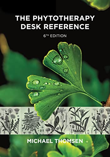 Book cover: "The Phytotherapy Desk Reference" with ginkgo leaf and botanical illustrations.