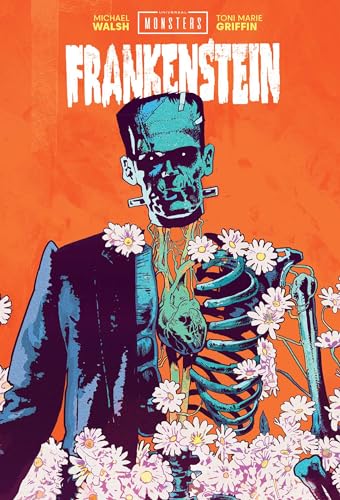 Frankenstein’s monster illustration with flowers, dark blue and green tones.
