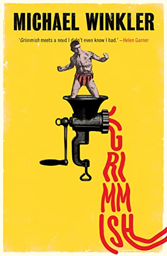 Yellow book cover with a figure emerging from a meat grinder.