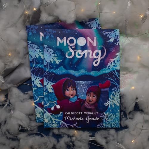 Book cover, "Moon Song," depicting two children under a colorful aurora.