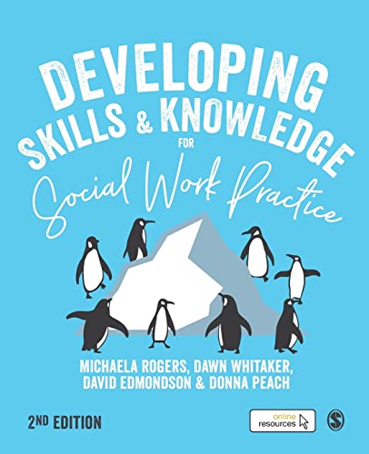 Book cover: "Developing Skills & Knowledge for Social Work Practice" with penguins.