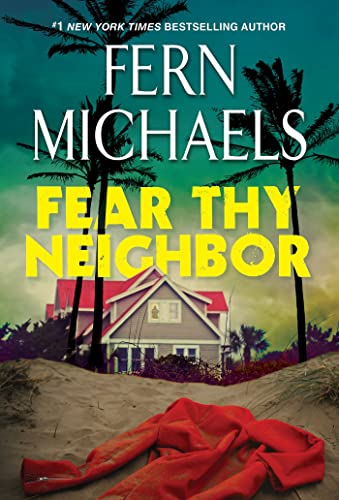 Book cover: beach house, palm trees, and a red garment on sand.