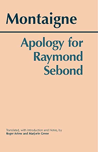 Book cover: “Apology for Raymond Sebond” by Montaigne, cream background.