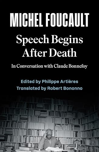 Book cover: “Speech Begins After Death” with a man reading in a library.