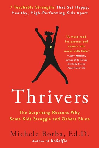 Book cover for “Thrivers” with a silhouette of a jumping child.