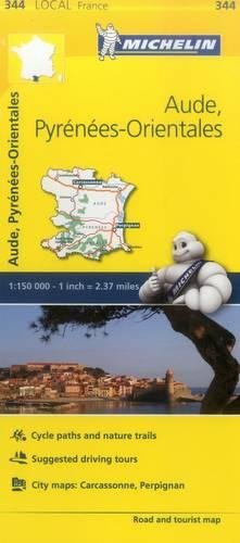 Yellow Michelin map of Aude, Pyrénées-Orientales, France, with scenic photos.
