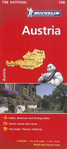 Michelin map 730 of Austria featuring a red cover with a map and photo.
