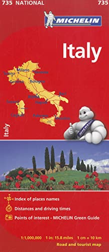 Red Michelin map of Italy with a cartoon Bibendum figure.