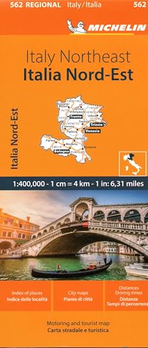 Orange Michelin map of Northeast Italy with a Venice canal image.