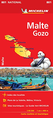 Red Michelin map of Malta and Gozo with coastal imagery.