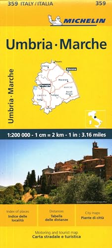 Yellow Michelin road map of Marche & Umbria, Italy, with inset photos.