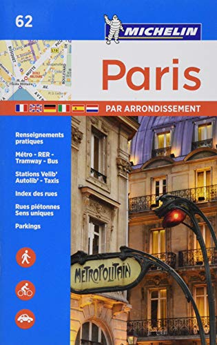 Michelin Paris atlas cover with city map, building photo, and metro sign.