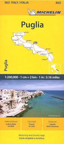 Yellow Michelin map of Puglia, Italy, with coastline photo at bottom.
