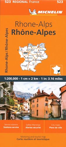 Orange Michelin map cover of Rhone-Alps region with city photos below.
