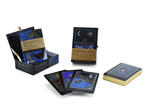 Shamanic Healing Oracle Cards deck with box, guidebook, and illustrated cards on white background.