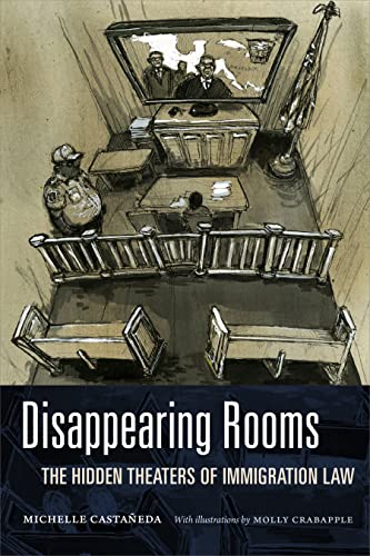 Book cover with illustration of a courtroom and text: "Disappearing Rooms.