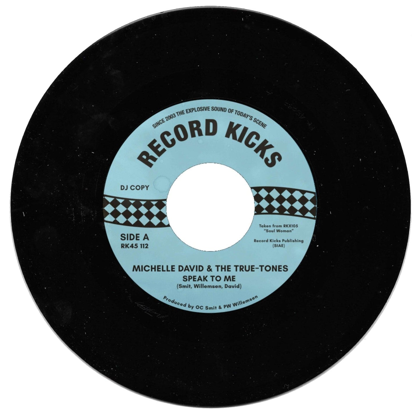 Black vinyl record label with white text: "Michelle David & The True-tones.