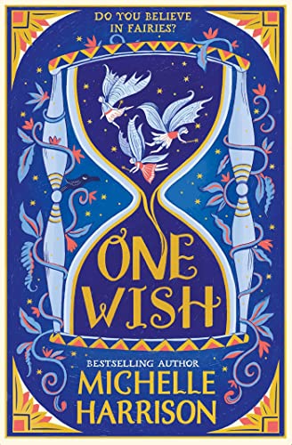 Book cover: hourglass with fairies, text “One Wish” and author’s name.