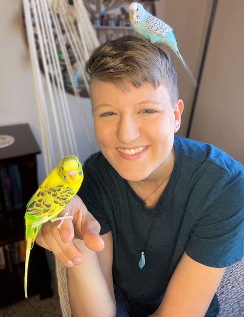 Person smiling with two colorful budgerigars, one on their hand and head.