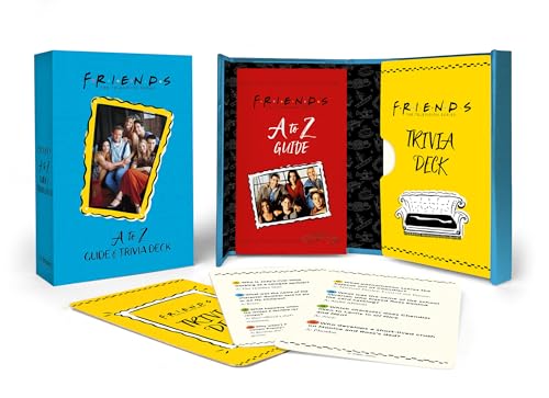 Friends" trivia set with guide book, cards, and box in blue and yellow.
