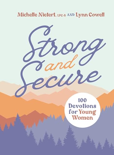 Book cover with cursive title “Strong and Secure” and mountain silhouette.