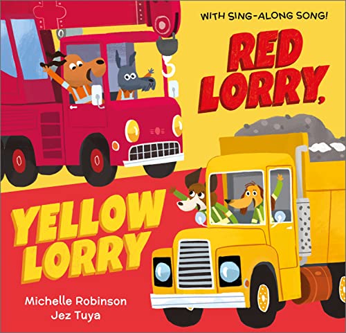 Cartoon illustration of a red lorry and a yellow lorry driven by dogs.