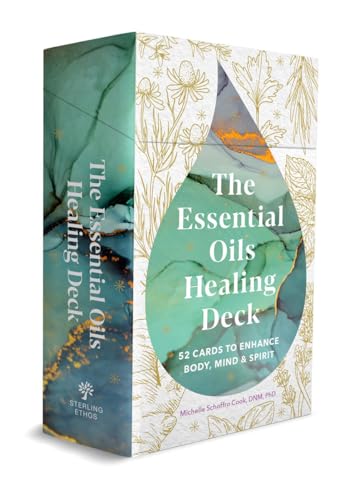 Boxed card deck with teal and gold floral design, titled "The Essential Oils Healing Deck".