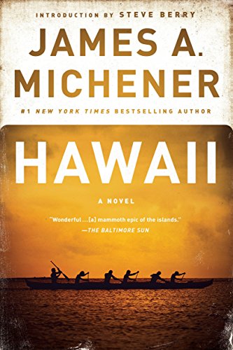 Book cover for “Hawaii” by James A. Michener, featuring a sunset and canoe.