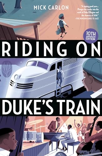 Book cover: boy looking at a vintage train and jazz musicians.