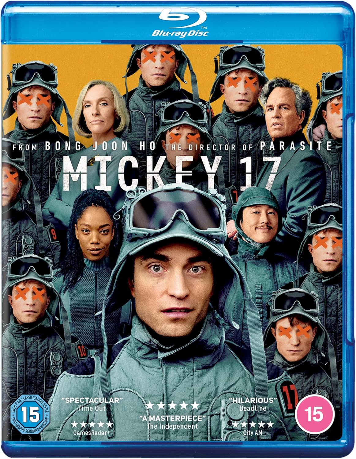 Blu-ray cover for Mickey 17 featuring Robert Pattinson and several identical clones.