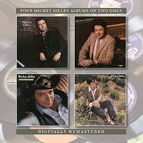 Four Mickey Gilley album covers displayed on a background of vinyl records.