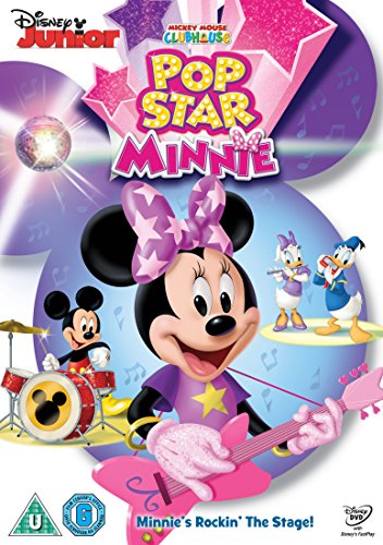 Minnie Mouse plays a pink guitar with Mickey on drums and friends on stage.