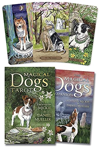 Tarot deck featuring dogs in illustrated scenes, with accompanying guidebook.
