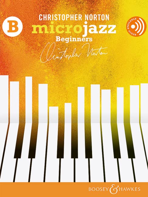 Sheet music cover for “Microjazz Beginners” with piano keys and orange background.