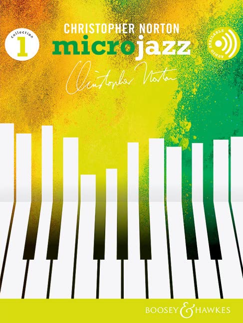 Sheet music cover: "Microjazz Collection 1" with piano keys and colorful paint.