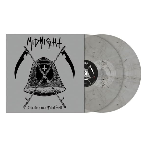 Two vinyl records with a gray cover featuring scythes and a bell.