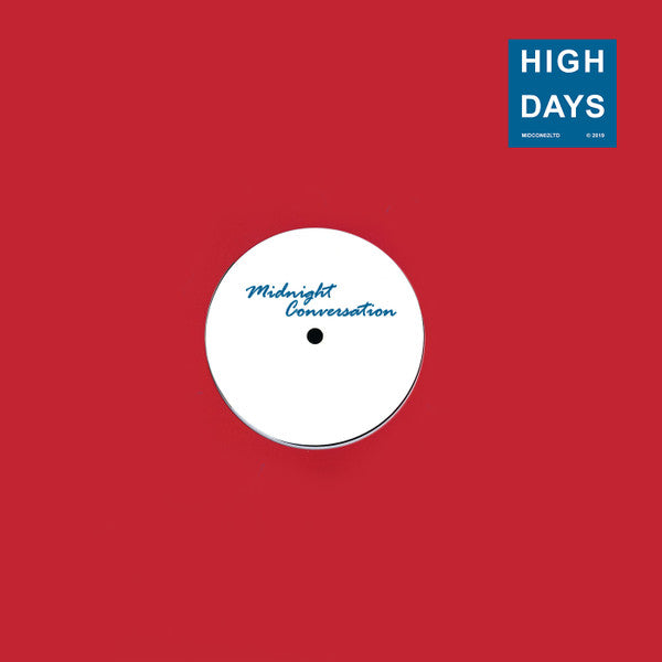 White vinyl record with blue text “Midnight Conversation” against a red background.