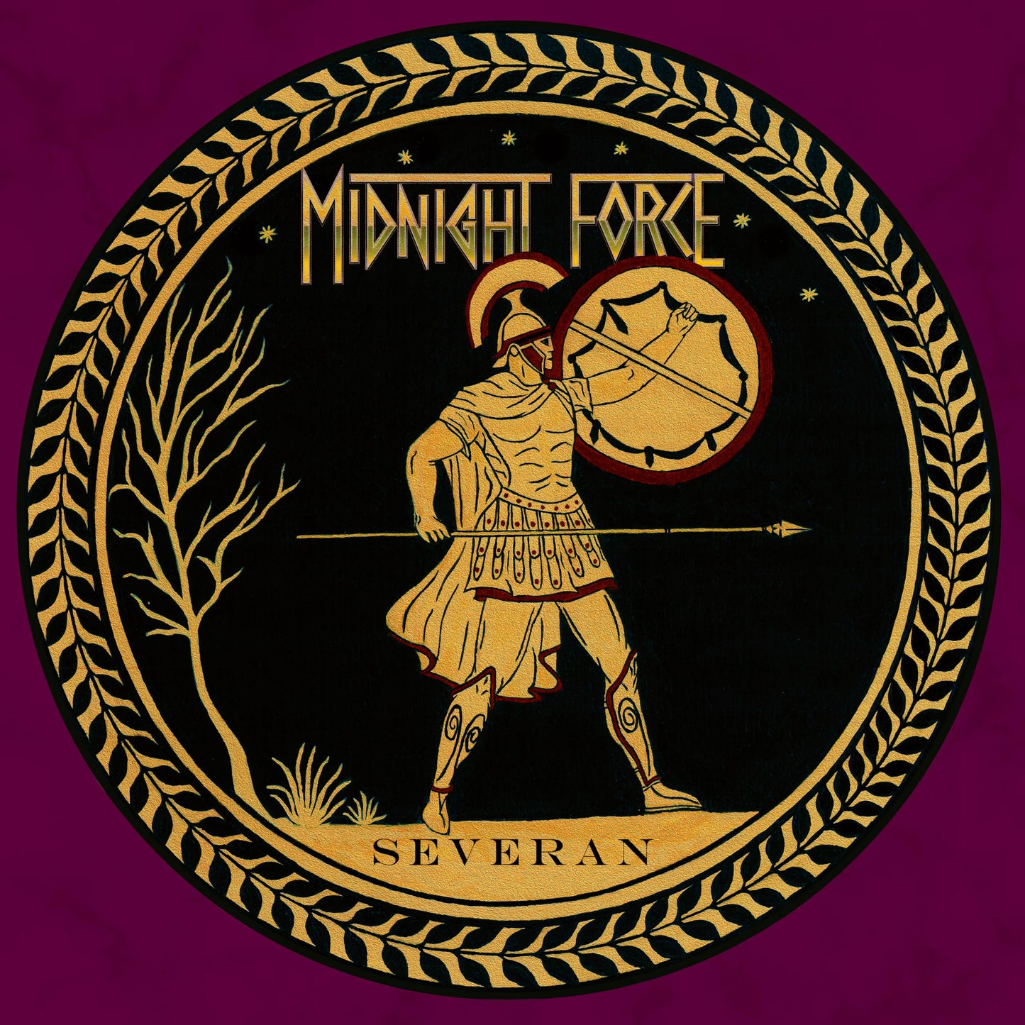 Circular album cover featuring a Greek warrior with a spear and shield in gold.