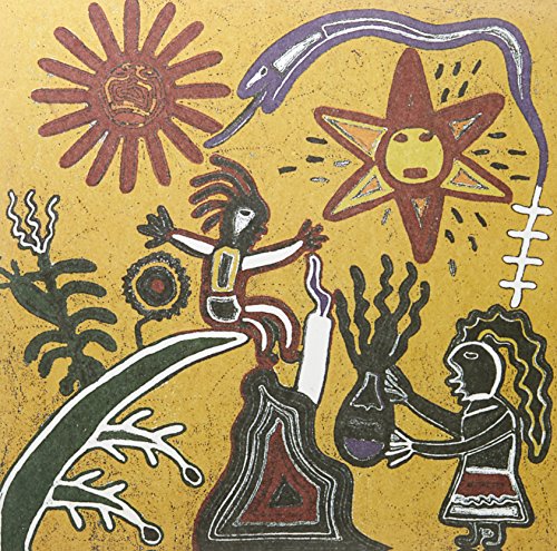 Album cover with stylized sun, moon, figures, and plant life.
