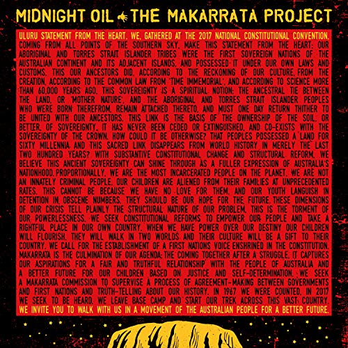 Red album cover with white text: Midnight Oil - The Makarrata Project.