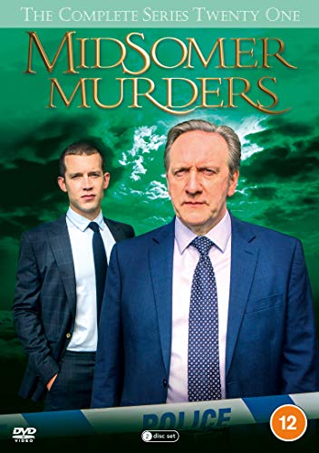 DVD cover for Midsomer Murders Series 21 featuring two detectives against a green background.